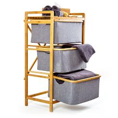 Wäscheregal |  Wäschesammler | Korbregal | Badezimmer-Möbel | 3 Etagen  | einfacher Aufbau | aus Bambus und Baumwollleinen | 3 Schubfächer mit je 2 Henkeln