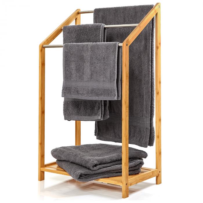 Handtuchhalter mit Metallstreben Handtuchständer | fester Stand | modernes  Design | Maße: 51 x 86 x 31 cm (BxHxT) | einfache Montage | Stufenoptik |  Material: 100 % Bambus