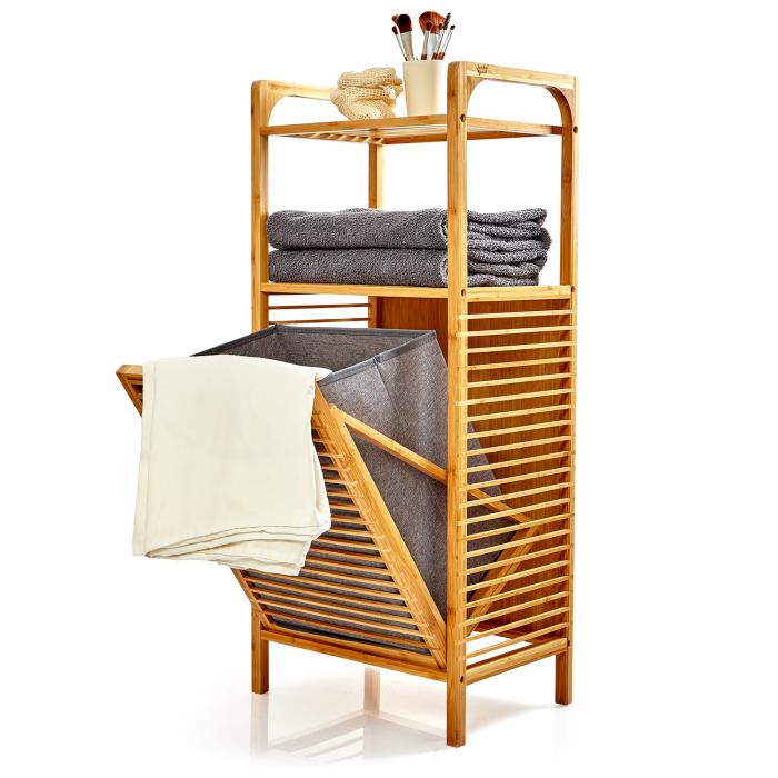 2-in-1 Regal Wäschbox | Wäschesammler | Badezimmer-Möbel | 2 topseitige  Ablagefläche | einfacher Aufbau | aus Bambus und Baumwollleinen | 1  Wäschesack | herausnehmbar / kippbar