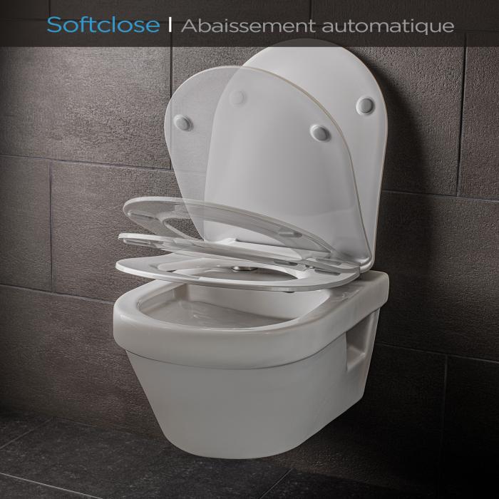 Abattant WC lunette de toilette Senzano, Forme en D, Fermeture douce, amovible, antibactérien, en Duroplast et inox