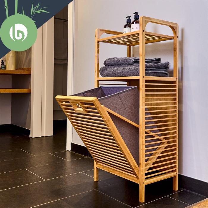 | Aufbau Wäschesammler Wäschbox 2 1 2-in-1 Regal aus Bambus kippbar | Ablagefläche / herausnehmbar Badezimmer-Möbel Wäschesack | | topseitige einfacher Baumwollleinen | | | und